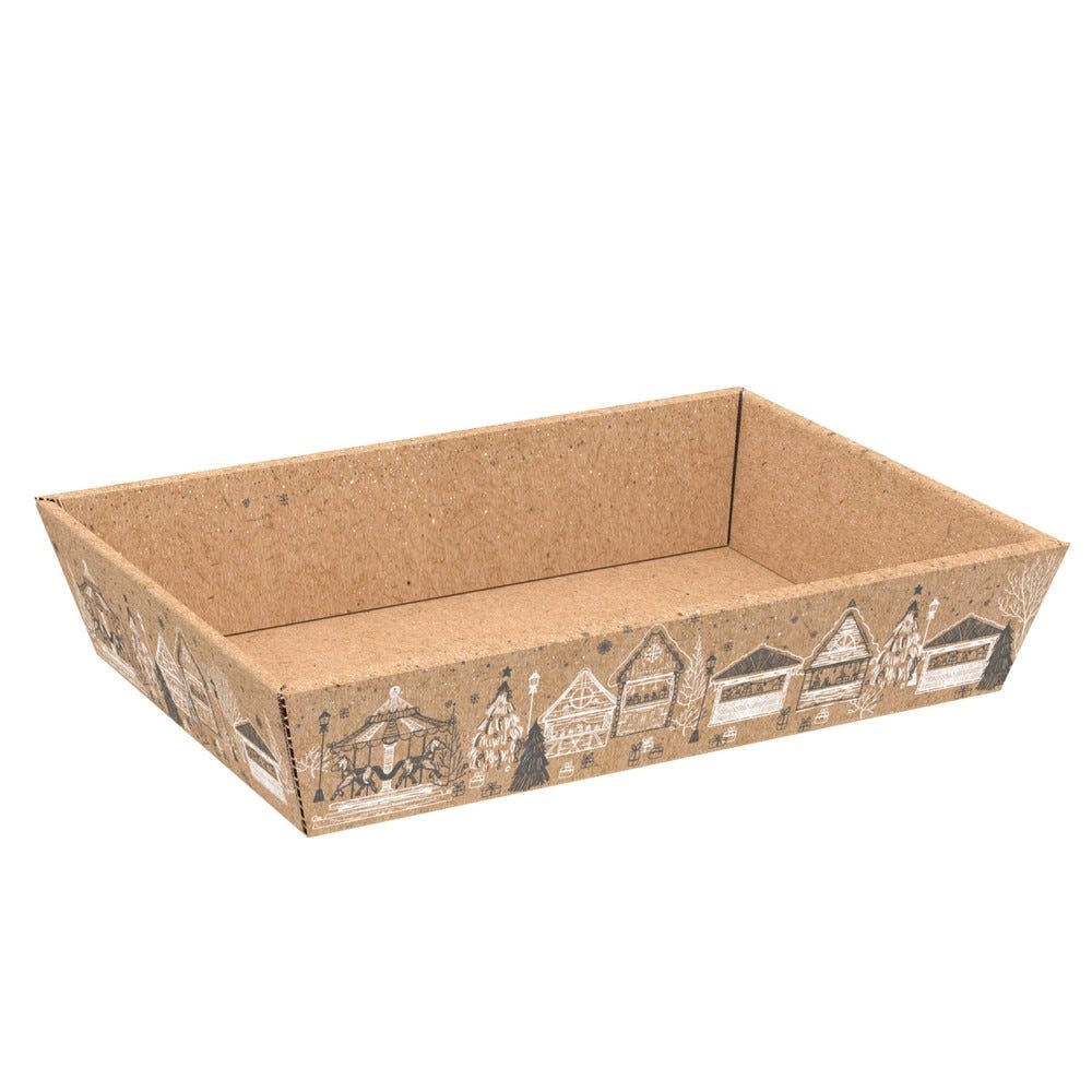 Corbeille carton kraft rectangle maisons gris/blanc 28x20,5x5,5 cm - par 50 Corbeille carton kraft rectangle maisons gris/blanc 28x20,5x5,5 cm - par 50