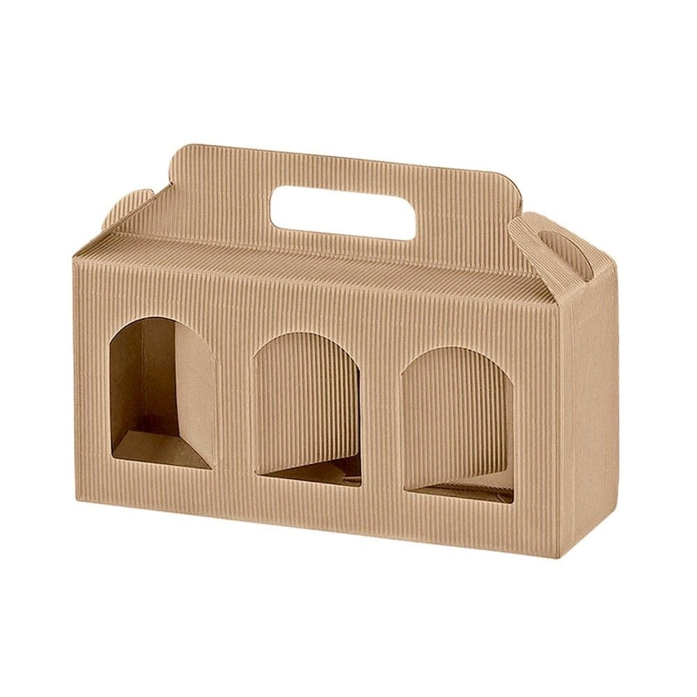Boite 3 pots à poignée kraft ondulé naturel 25x8x12cm - par 100 Boite 3 pots à poignée kraft ondulé naturel 25x8x12cm - par 100