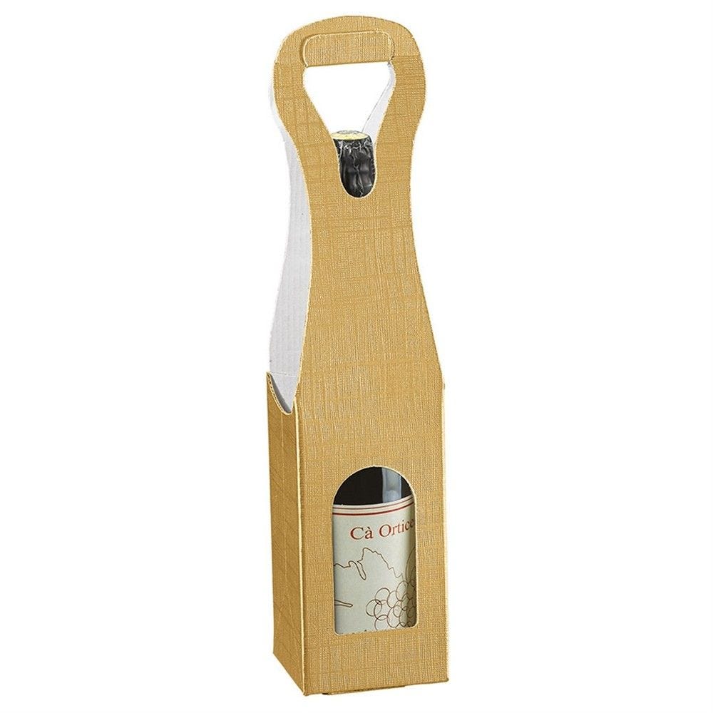 Boite 1 bouteille à poignée carton motif rayure or 9x9x41cm - par 100 Boite 1 bouteille à poignée carton motif rayure or 9x9x41cm - par 100
