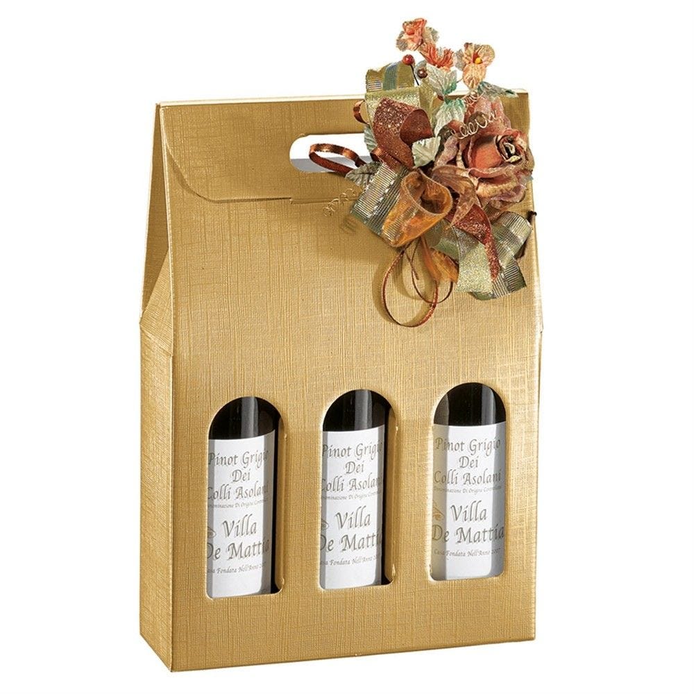 Boite 3 bouteilles à poignée carton motif rayure or 27x9x34cm - par 30 Boite 3 bouteilles à poignée carton motif rayure or 27x9x34cm - par 30