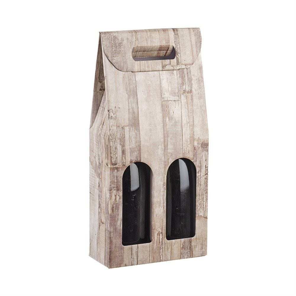 Boite 2 bouteilles à poignée carton imitation bois 18x9x38,5cm - par 30 Boite 2 bouteilles à poignée carton imitation bois 18x9x38,5cm - par 30