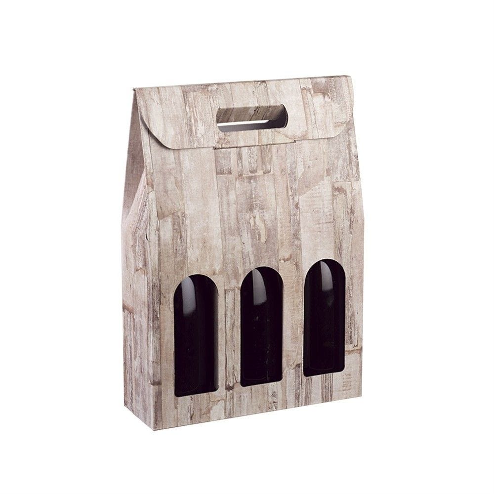 Boite 3 bouteilles à poignée carton imitation bois 27x9x38,5cm - par 30 Boite 3 bouteilles à poignée carton imitation bois 27x9x38,5cm - par 30