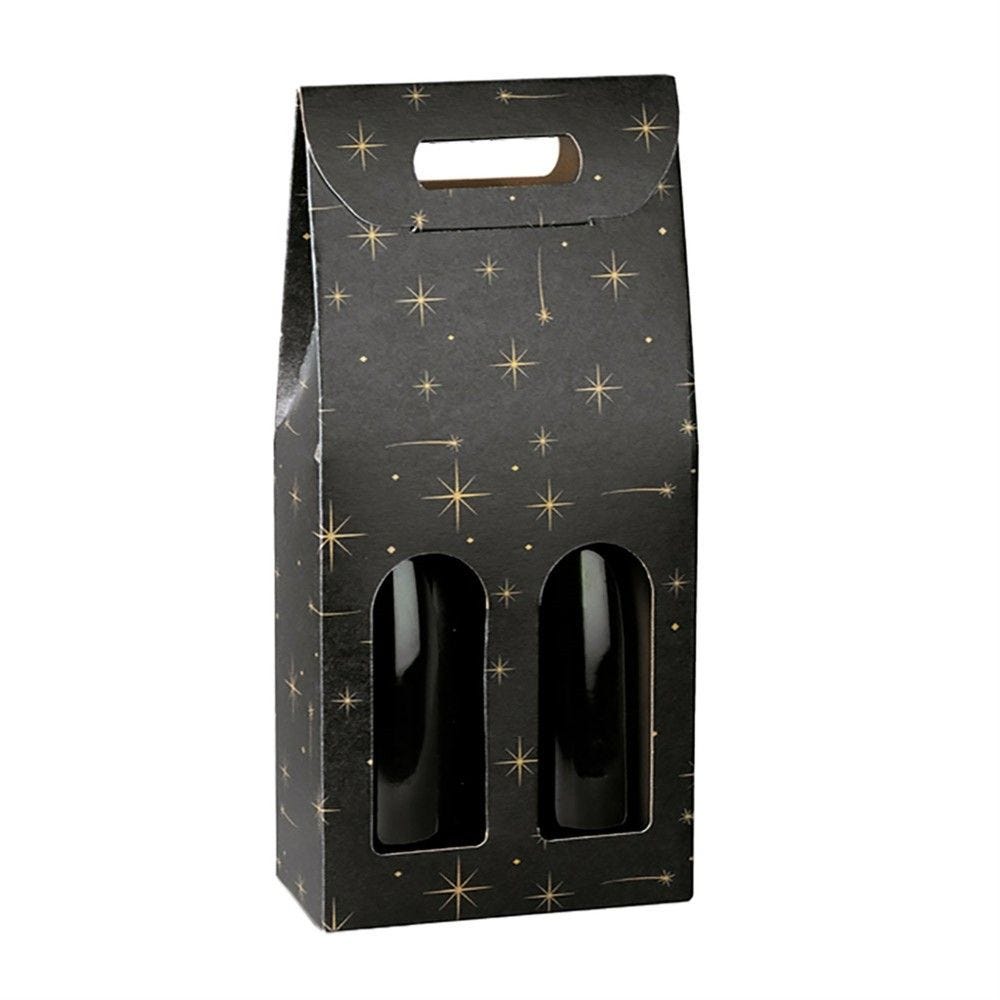 Boite 2 bouteilles à poignée noir motif constellation 18x9x38,5cm - par 30 Boite 2 bouteilles à poignée noir motif constellation 18x9x38,5cm - par 30