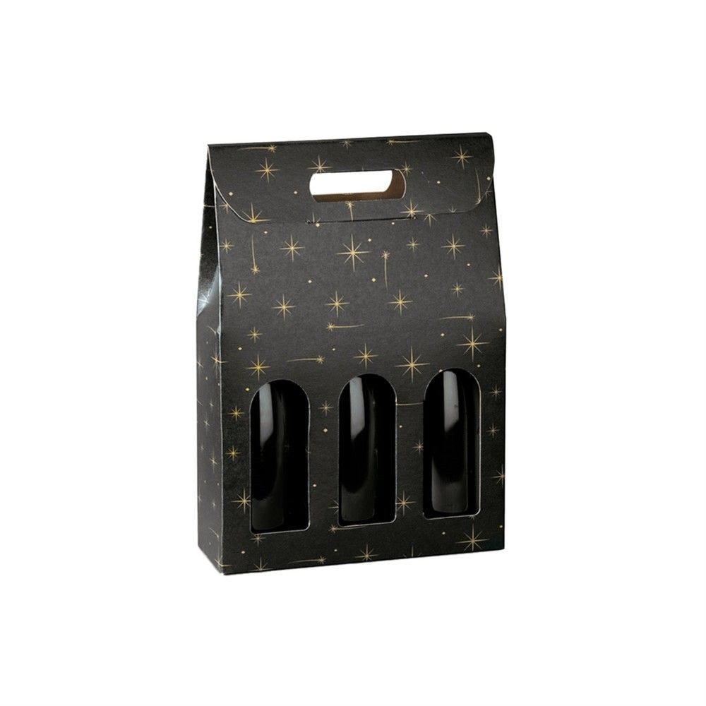 Boite 3 bouteilles à poignée noir motif Constellation 27x9x38,5cm - par 30 Boite 3 bouteilles à poignée noir motif Constellation 27x9x38,5cm - par 30