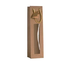 Sac 1 bouteille kraft à fenêtre poignées cordelette L10x9xH38cm - par 20 Sac 1 bouteille kraft à fenêtre poignées cordelette L10x9xH38cm - par 20