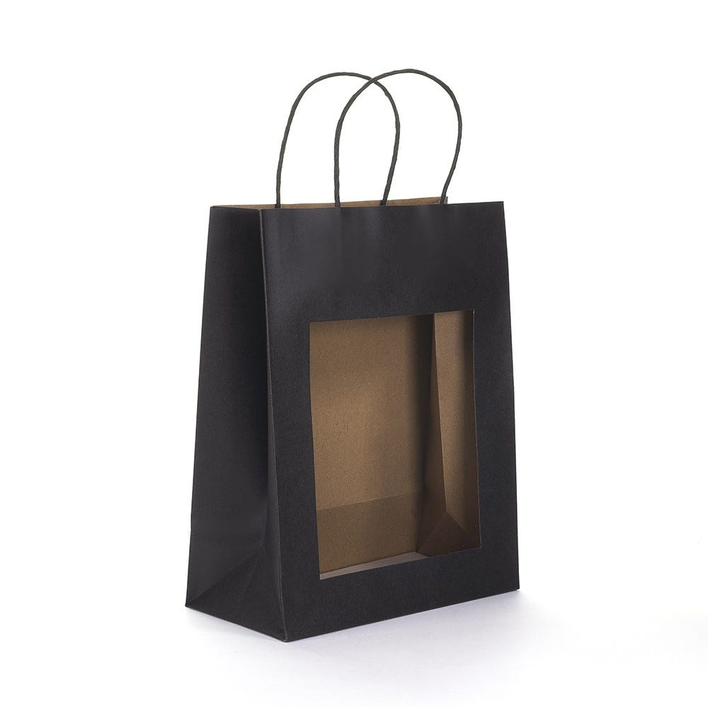 Sac kraft fenêtre noir poignées torsadées 22x28+11cm - par 12 Sac kraft fenêtre noir poignées torsadées 22x28+11cm - par 12