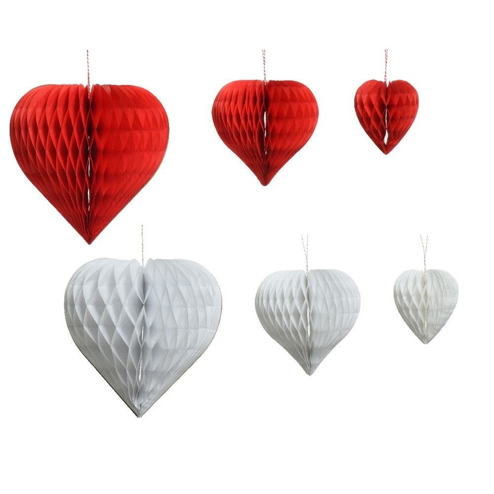 Coeurs en papier à suspendre rouge ou blanc + Ø 27xh27 + Ø 18Xh18 +Ø 11xh13cm Coeurs en papier à suspendre rouge ou blanc + Ø 27xh27 + Ø 18Xh18 +Ø 11xh13cm