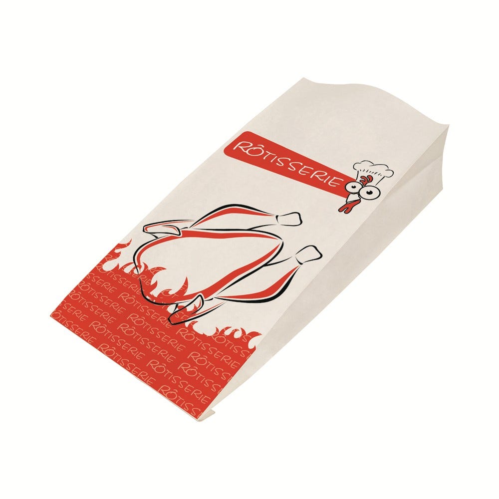 Sac poulet kraft blanc et rouge - 17 + 7,5 x 35,5 cm - par 500 pièces Sac poulet kraft blanc et rouge - 17 + 7,5 x 35,5 cm - par 500 pièces