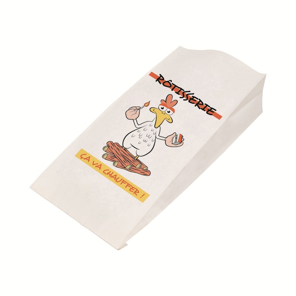 Sac poulet kraft blanc avec poulet - 17 + 7,5 x 35,5 cm - par 500 pièces Sac poulet kraft blanc avec poulet - 17 + 7,5 x 35,5 cm - par 500 pièces