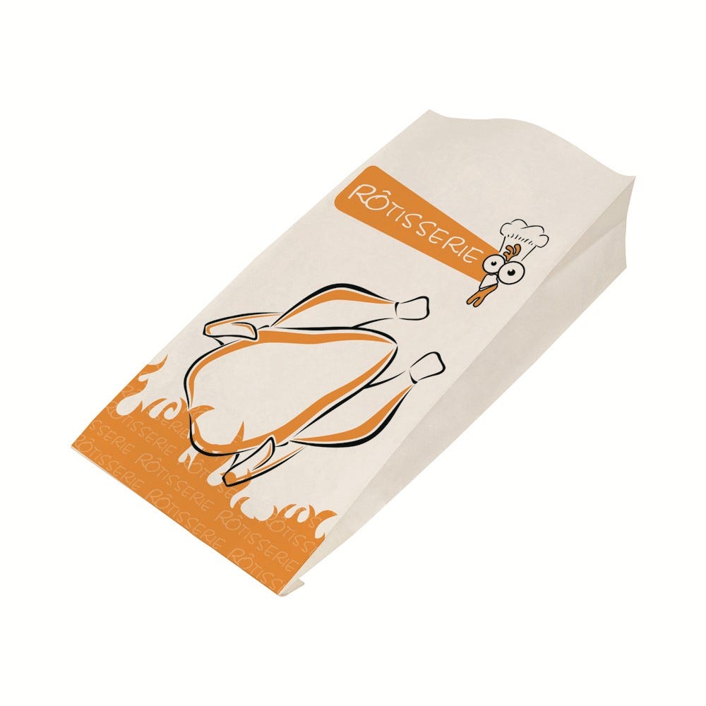 Sac poulet kraft blanc et orange - 17 + 7,5 x 35,5 cm - 5 paquets de 100 pièces Sac poulet kraft blanc et orange - 17 + 7,5 x 35,5 cm - 5 paquets de 100 pièces
