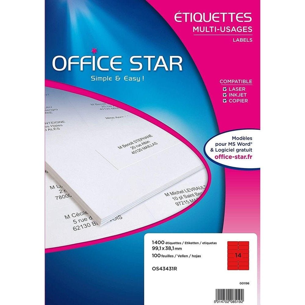 1400 étiquettes office star ilc 99,1 x 38,1 mm rouge