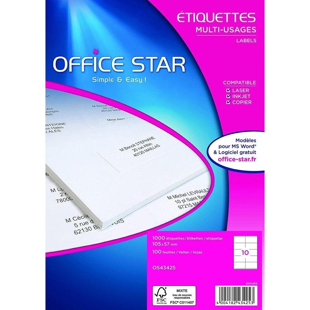 1000 étiquettes multi-usage blanches 105x57mm os43425 1000 étiquettes multi-usage blanches 105x57mm os43425