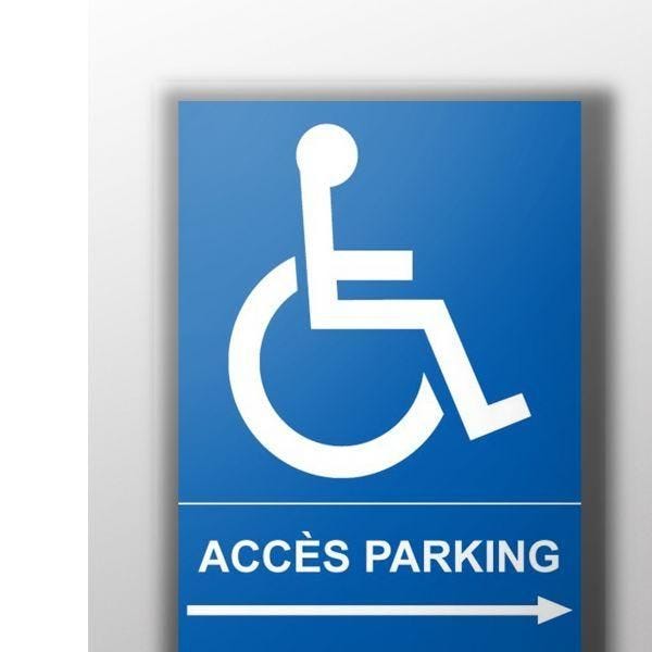 Accès parking fléche droite + picto handicapé flèche gauche - pvc - 150x210 mm Accès parking fléche droite + picto handicapé flèche gauche - pvc - 150x210 mm