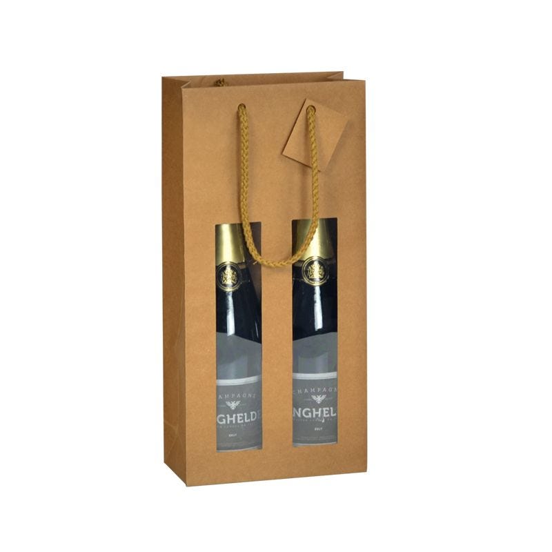 Sac 2 bouteilles kraft brun fenêtre Poignées cordelières 18+9x38cm x300 pcs