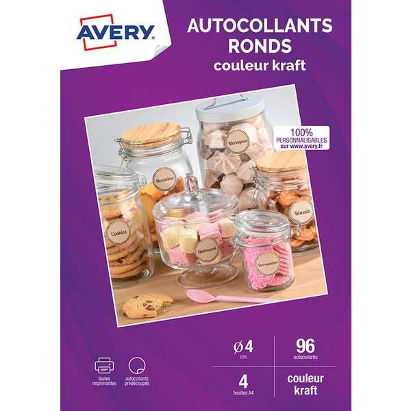 Autocollantes ronds kraft - 4 cms - Impression jet d'encre - 96 unités Autocollantes ronds kraft - 4 cms - Impression jet d'encre - 96 unités