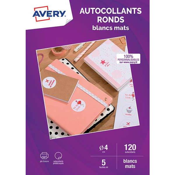 Autocollants ronds mats - 4 cms - Impression jet d'encre - 120 unités Autocollants ronds mats - 4 cms - Impression jet d'encre - 120 unités
