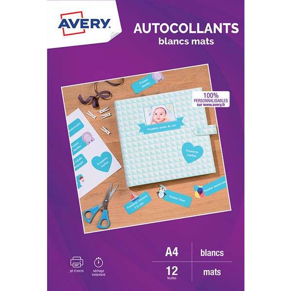 Autocollants blancs mats A4 - Impression jet d'encre - 12 unités Autocollants blancs mats A4 - Impression jet d'encre - 12 unités