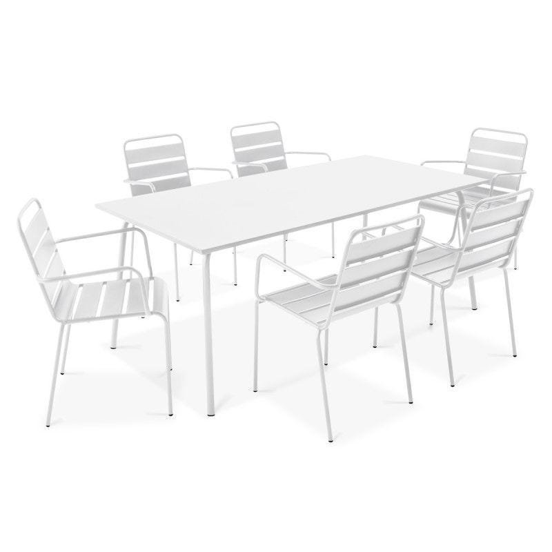 Table acier 140x80x72 + 6 fauteuils 55 x 55 x 83 cm Palavas blanc