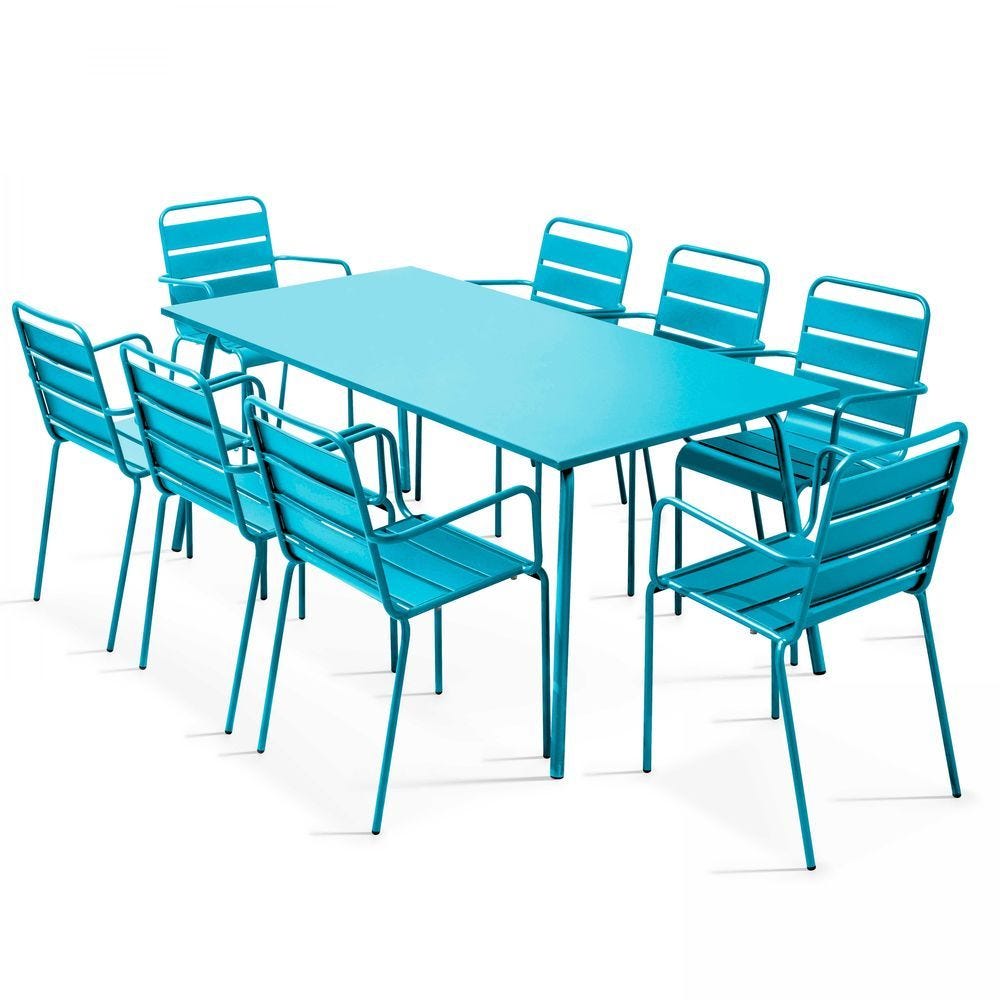 Table acier rect 180x90x72 + 8 fauteuils Palavas bleu Acier