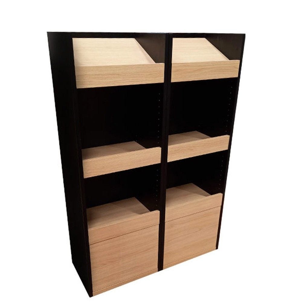 Armoire étagères bois présentoir 4 casiers avec portes basses 2 tons 94x37x140cm Armoire étagères bois présentoir 4 casiers avec portes basses 2 tons 94x37x140cm