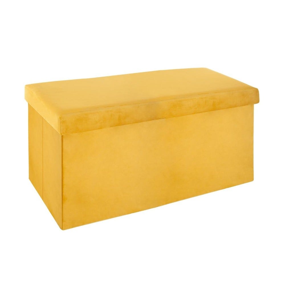 2 en 1 pouf pliant double et coffre de rangement velours moutarde 76.6xh 37.5cm 2 en 1 pouf pliant double et coffre de rangement velours moutarde 76.6xh 37.5cm