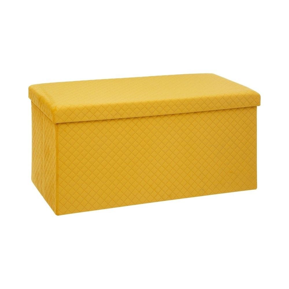 2 en 1 pouf pliant double et coffre de rangement en velours jaune 76x38cm 2 en 1 pouf pliant double et coffre de rangement en velours jaune 76x38cm
