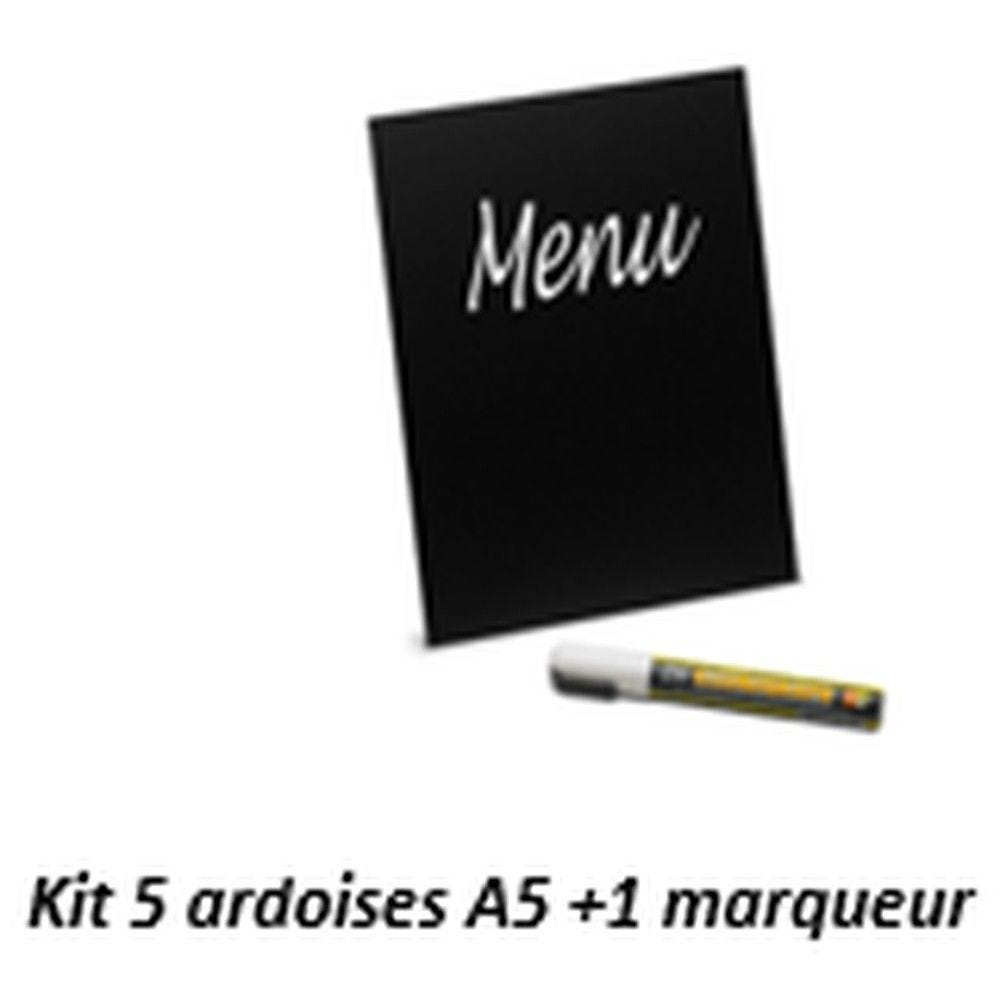 5 ardoises noires A5 (14,9x21cm) angles droits 1 marqueur blanc 2-5mm 5 ardoises noires A5 (14,9x21cm) angles droits 1 marqueur blanc 2-5mm